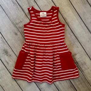 Hanna Andersson Girls Sleeveless Patch Pocket Dress, Sz. 3T, Red & White Striped